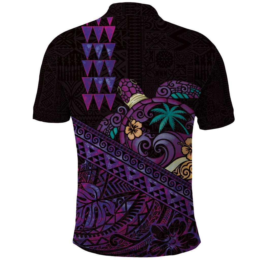 Hawaiian Abstract Sea Turtle Polo Shirt Polynesian Tapa Art and Kakau Tattoo Purple WaterColor - Polynesian Pride