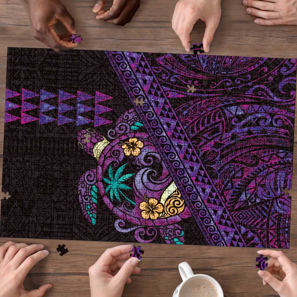 Hawaiian Abstract Sea Turtle Puzzle Polynesian Tapa Art and Kakau Tattoo Purple WaterColor - Polynesian Pride