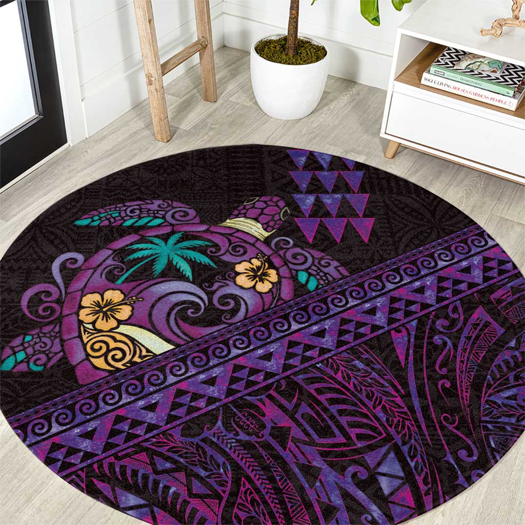 Hawaiian Abstract Sea Turtle Round Carpet Polynesian Tapa Art and Kakau Tattoo Purple WaterColor - Polynesian Pride