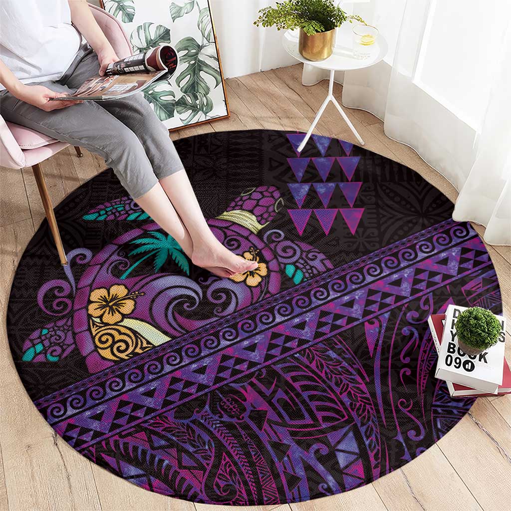 Hawaiian Abstract Sea Turtle Round Carpet Polynesian Tapa Art and Kakau Tattoo Purple WaterColor - Polynesian Pride