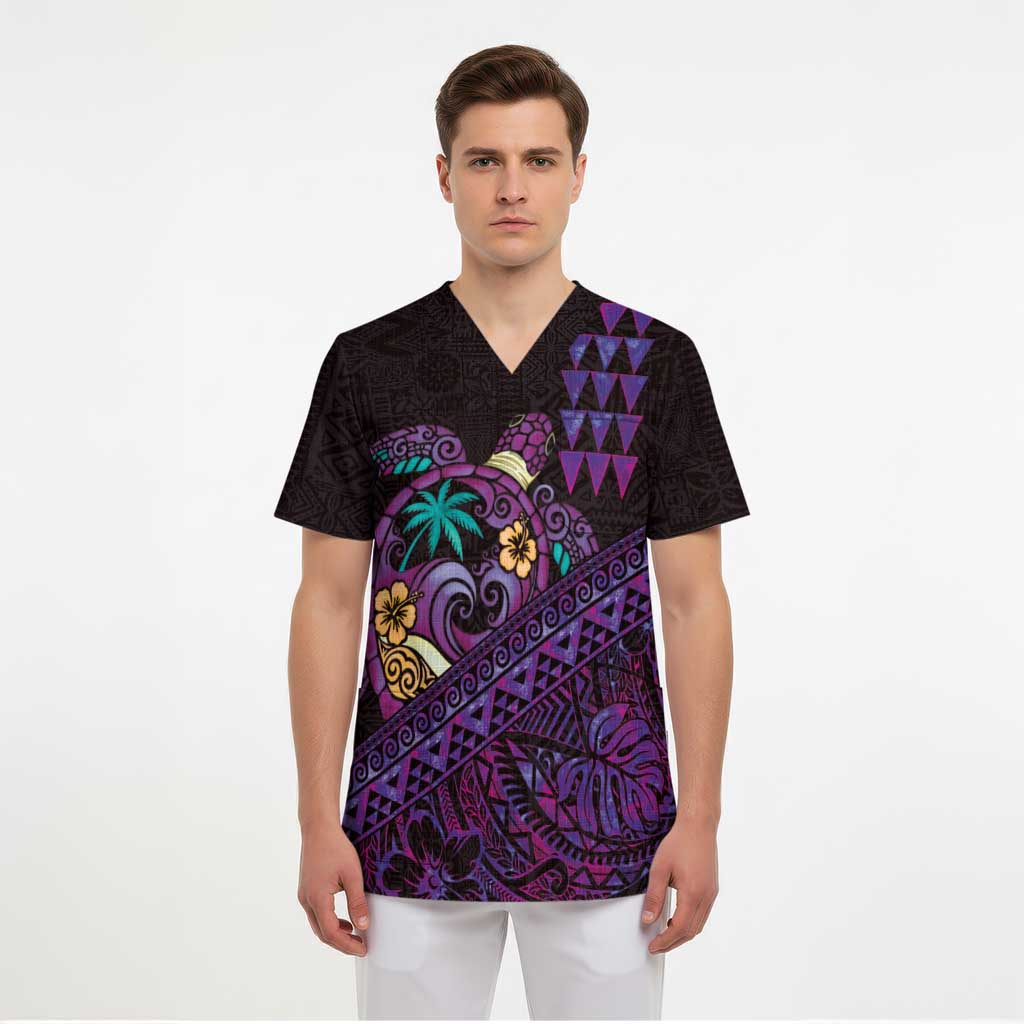 Hawaiian Abstract Sea Turtle Scrub Top Polynesian Tapa Art and Kakau Tattoo Purple WaterColor - Polynesian Pride