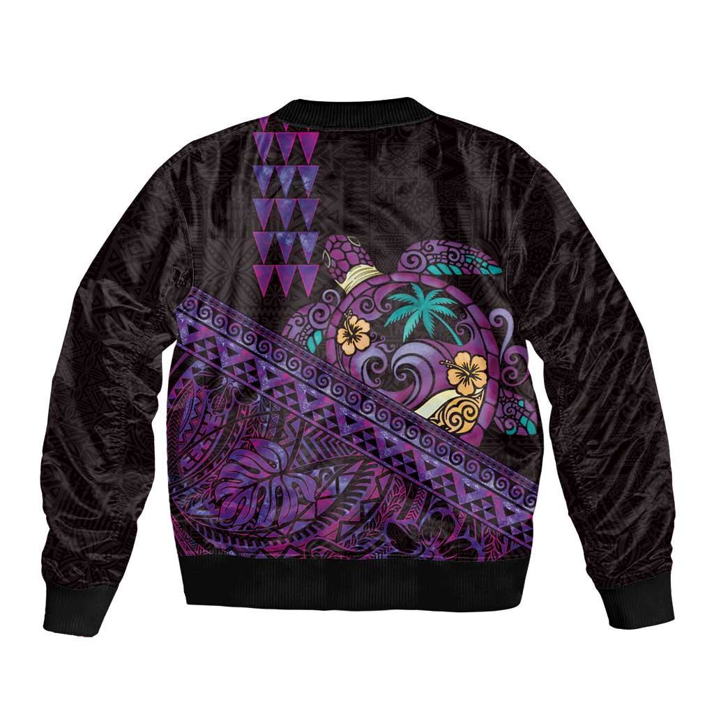 Hawaiian Abstract Sea Turtle Sleeve Zip Bomber Jacket Polynesian Tapa Art and Kakau Tattoo Purple WaterColor - Polynesian Pride