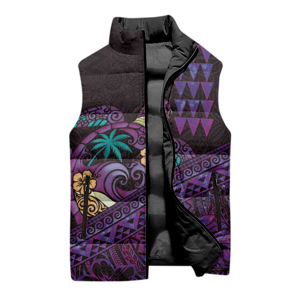 Hawaiian Abstract Sea Turtle Sleeveless Puffer Jacket Polynesian Tapa Art and Kakau Tattoo Purple WaterColor - Polynesian Pride
