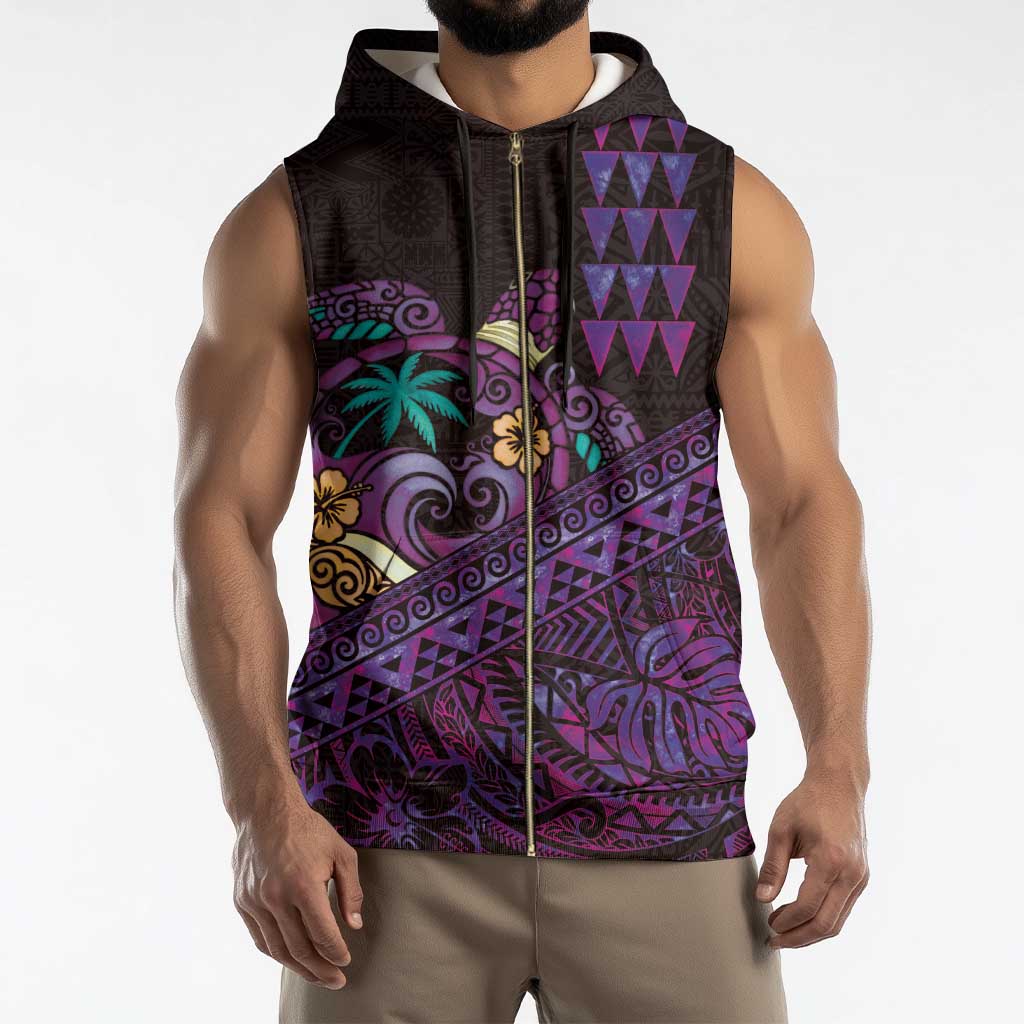 Hawaiian Abstract Sea Turtle Sleeveless Zip Hoodie Polynesian Tapa Art and Kakau Tattoo Purple WaterColor - Polynesian Pride