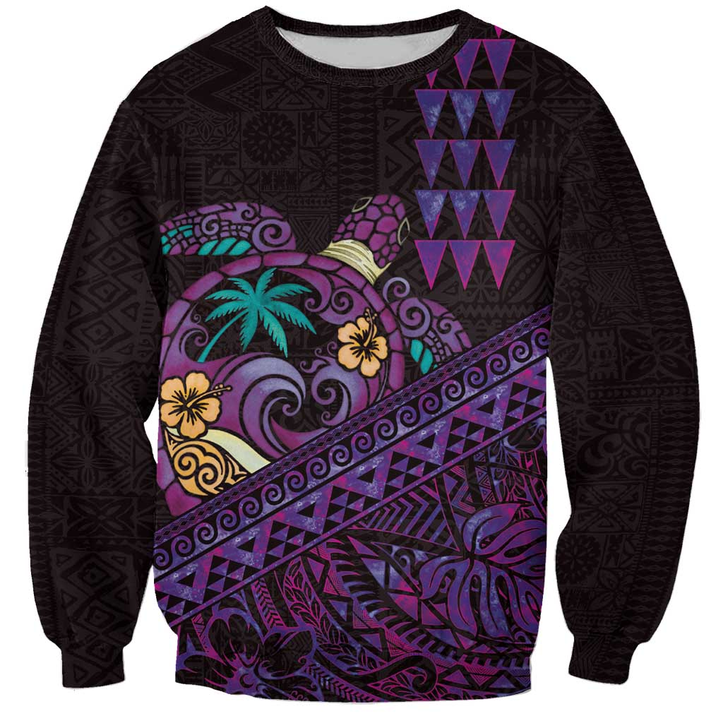 Hawaiian Abstract Sea Turtle Sweatshirt Polynesian Tapa Art and Kakau Tattoo Purple WaterColor - Polynesian Pride