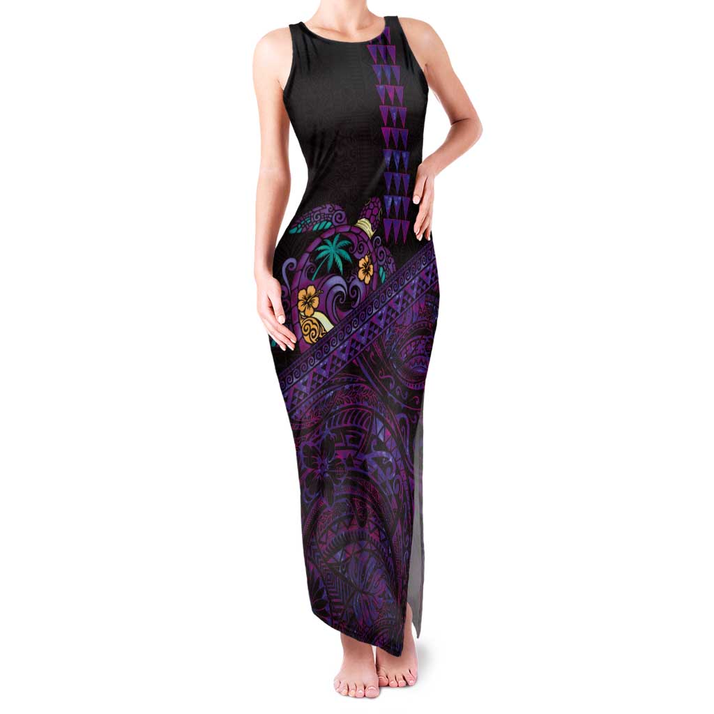 Hawaiian Abstract Sea Turtle Tank Maxi Dress Polynesian Tapa Art and Kakau Tattoo Purple WaterColor - Polynesian Pride