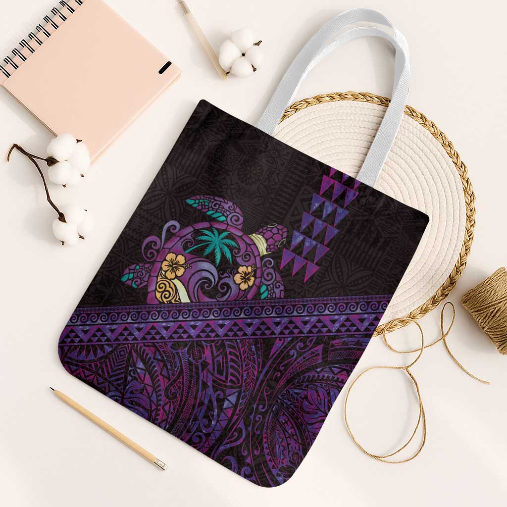 Hawaiian Abstract Sea Turtle Tote Bag Polynesian Tapa Art and Kakau Tattoo Purple WaterColor - Polynesian Pride