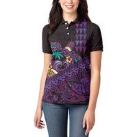 Hawaiian Abstract Sea Turtle Women Polo Shirt Polynesian Tapa Art and Kakau Tattoo Purple WaterColor - Polynesian Pride