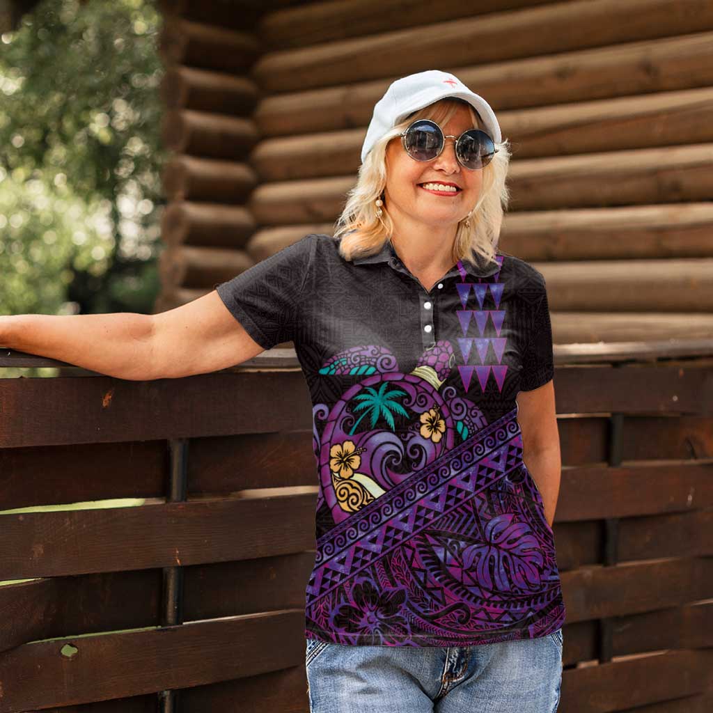 Hawaiian Abstract Sea Turtle Women Polo Shirt Polynesian Tapa Art and Kakau Tattoo Purple WaterColor - Polynesian Pride