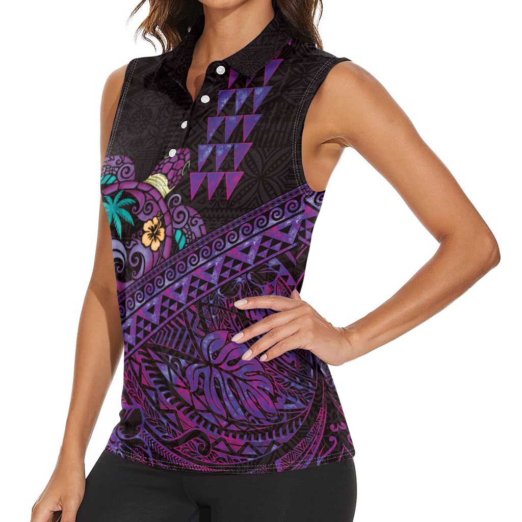 Hawaiian Abstract Sea Turtle Women Sleeveless Polo Shirt Polynesian Tapa Art and Kakau Tattoo Purple WaterColor - Polynesian Pride