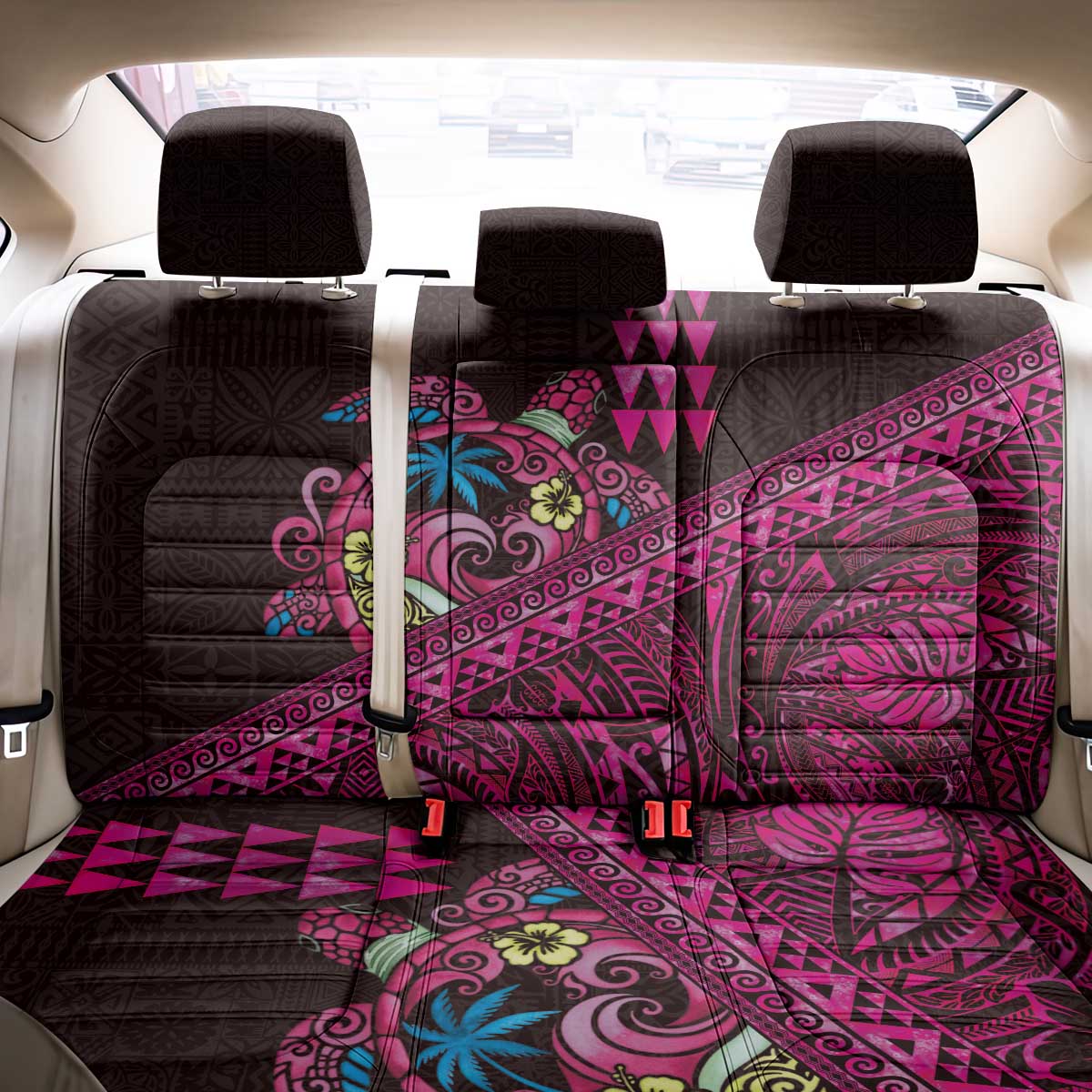 Hawaiian Abstract Sea Turtle Back Car Seat Cover Polynesian Tapa Art and Kakau Tattoo Pink WaterColor - Polynesian Pride