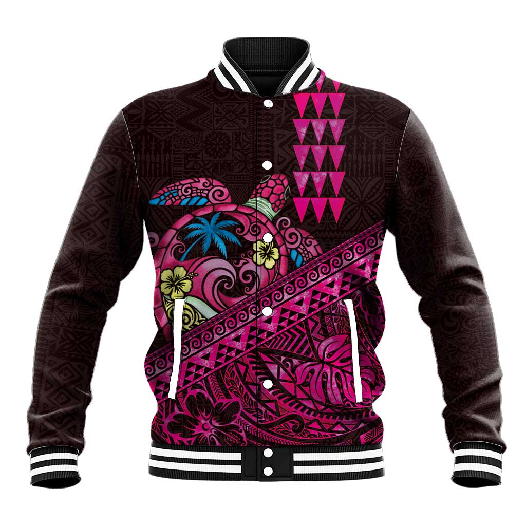Hawaiian Abstract Sea Turtle Baseball Jacket Polynesian Tapa Art and Kakau Tattoo Pink WaterColor - Polynesian Pride