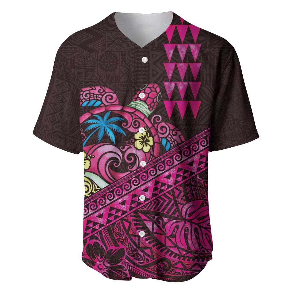 Hawaiian Abstract Sea Turtle Baseball Jersey Polynesian Tapa Art and Kakau Tattoo Pink WaterColor - Polynesian Pride