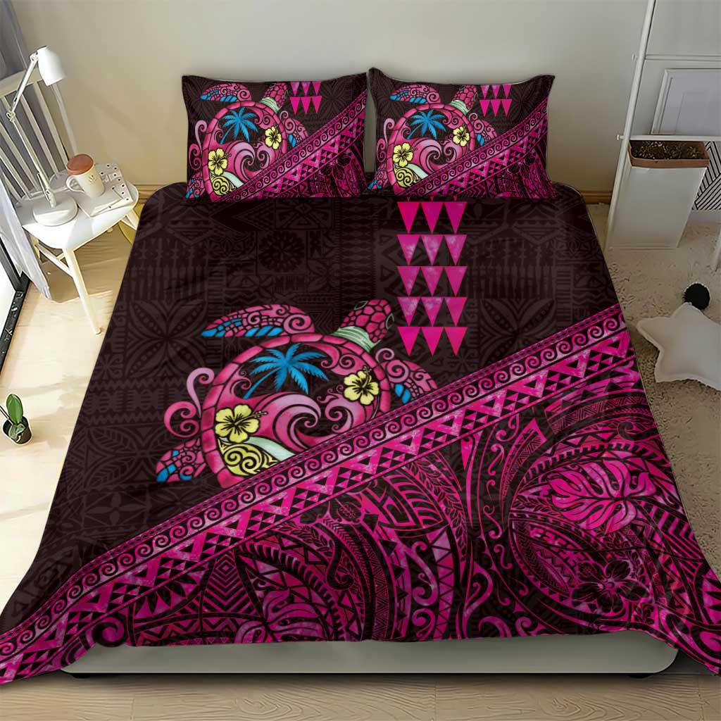 Hawaiian Abstract Sea Turtle Bedding Set Polynesian Tapa Art and Kakau Tattoo Pink WaterColor - Polynesian Pride