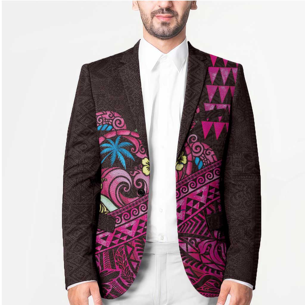Hawaiian Abstract Sea Turtle Blazer Polynesian Tapa Art and Kakau Tattoo Pink WaterColor - Polynesian Pride