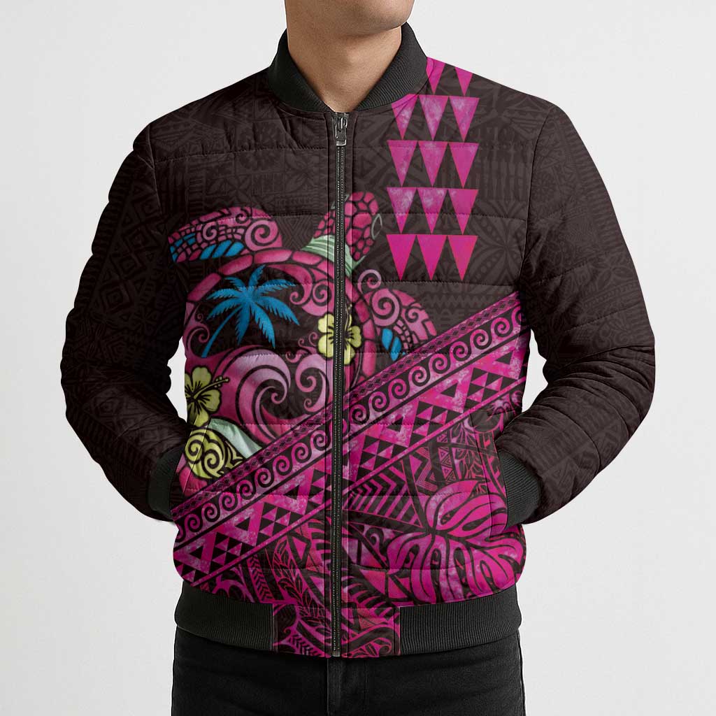 Hawaiian Abstract Sea Turtle Bomber Puffer Jacket Polynesian Tapa Art and Kakau Tattoo Pink WaterColor - Polynesian Pride