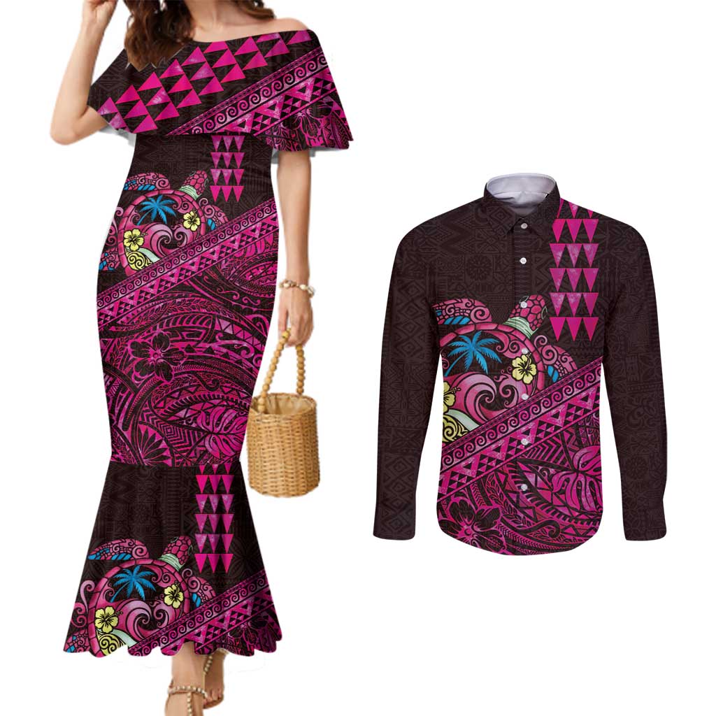 Hawaiian Abstract Sea Turtle Couples Matching Mermaid Dress and Long Sleeve Button Shirt Polynesian Tapa Art and Kakau Tattoo Pink WaterColor - Polynesian Pride