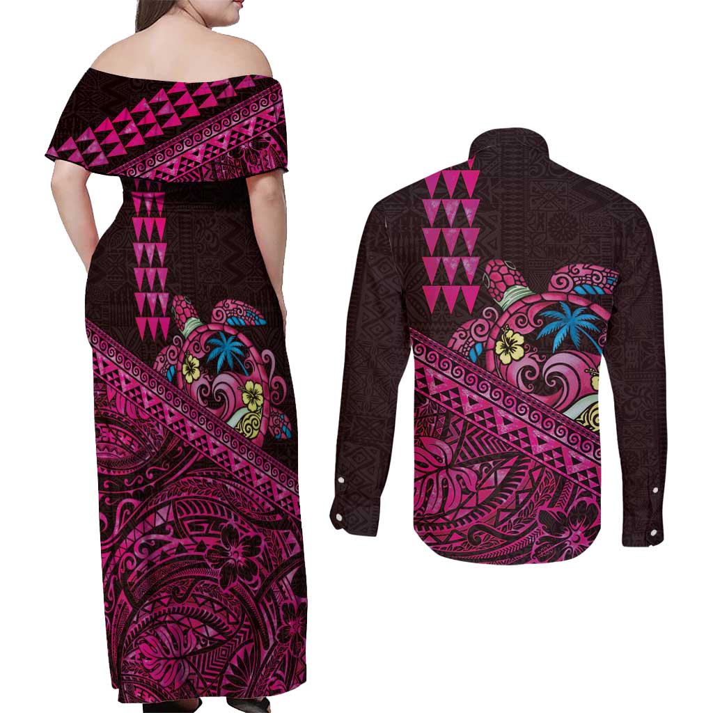 Hawaiian Abstract Sea Turtle Couples Matching Off Shoulder Maxi Dress and Long Sleeve Button Shirt Polynesian Tapa Art and Kakau Tattoo Pink WaterColor - Polynesian Pride