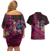 Hawaiian Abstract Sea Turtle Couples Matching Off Shoulder Short Dress and Hawaiian Shirt Polynesian Tapa Art and Kakau Tattoo Pink WaterColor - Polynesian Pride