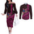 Hawaiian Abstract Sea Turtle Couples Matching Off The Shoulder Long Sleeve Dress and Long Sleeve Button Shirt Polynesian Tapa Art and Kakau Tattoo Pink WaterColor - Polynesian Pride
