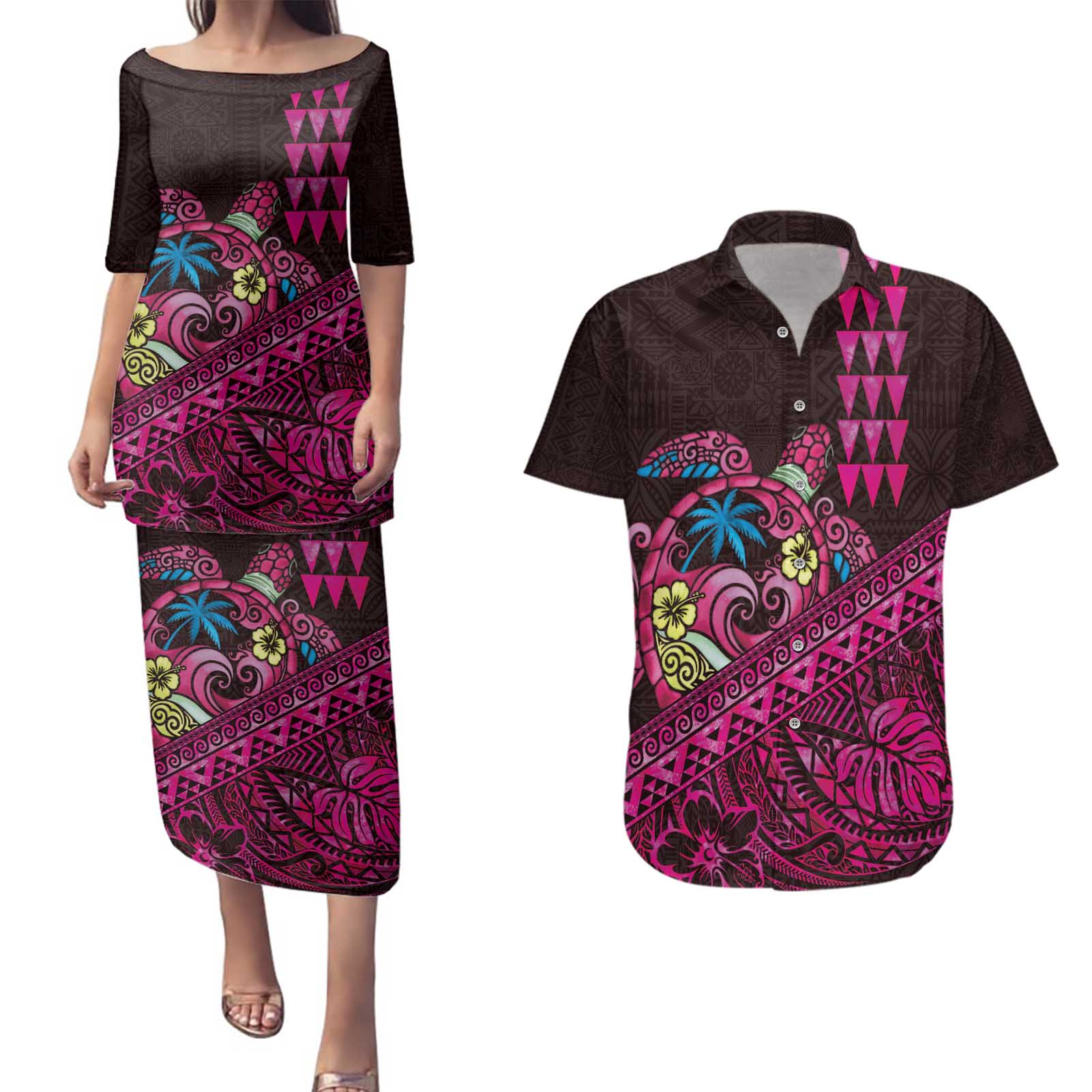 Hawaiian Abstract Sea Turtle Couples Matching Puletasi and Hawaiian Shirt Polynesian Tapa Art and Kakau Tattoo Pink WaterColor - Polynesian Pride