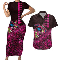 Hawaiian Abstract Sea Turtle Couples Matching Short Sleeve Bodycon Dress and Hawaiian Shirt Polynesian Tapa Art and Kakau Tattoo Pink WaterColor - Polynesian Pride