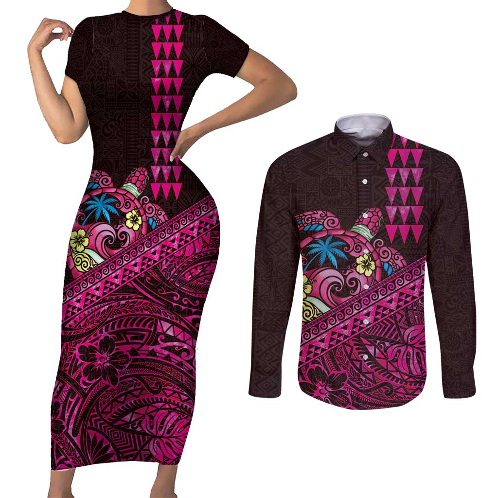 Hawaiian Abstract Sea Turtle Couples Matching Short Sleeve Bodycon Dress and Long Sleeve Button Shirt Polynesian Tapa Art and Kakau Tattoo Pink WaterColor - Polynesian Pride
