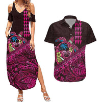 Hawaiian Abstract Sea Turtle Couples Matching Summer Maxi Dress and Hawaiian Shirt Polynesian Tapa Art and Kakau Tattoo Pink WaterColor - Polynesian Pride