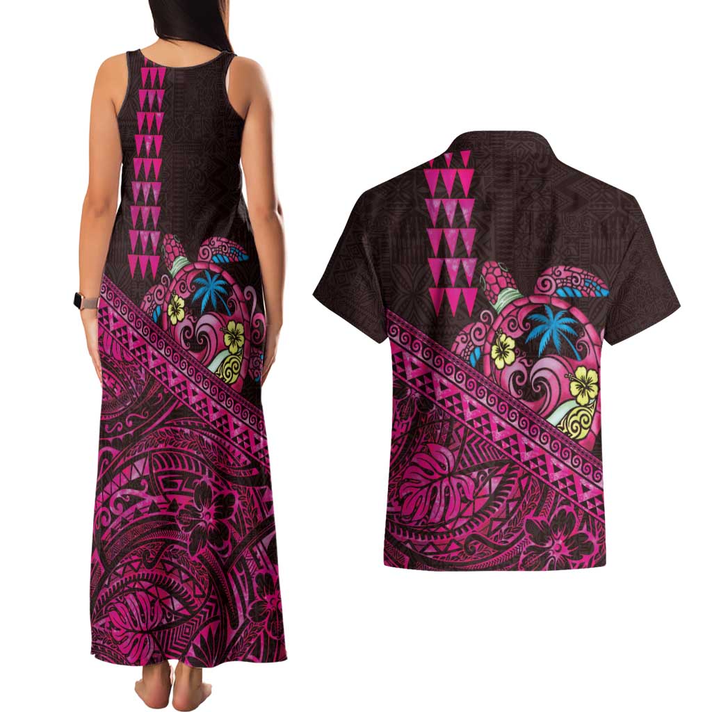 Hawaiian Abstract Sea Turtle Couples Matching Tank Maxi Dress and Hawaiian Shirt Polynesian Tapa Art and Kakau Tattoo Pink WaterColor - Polynesian Pride