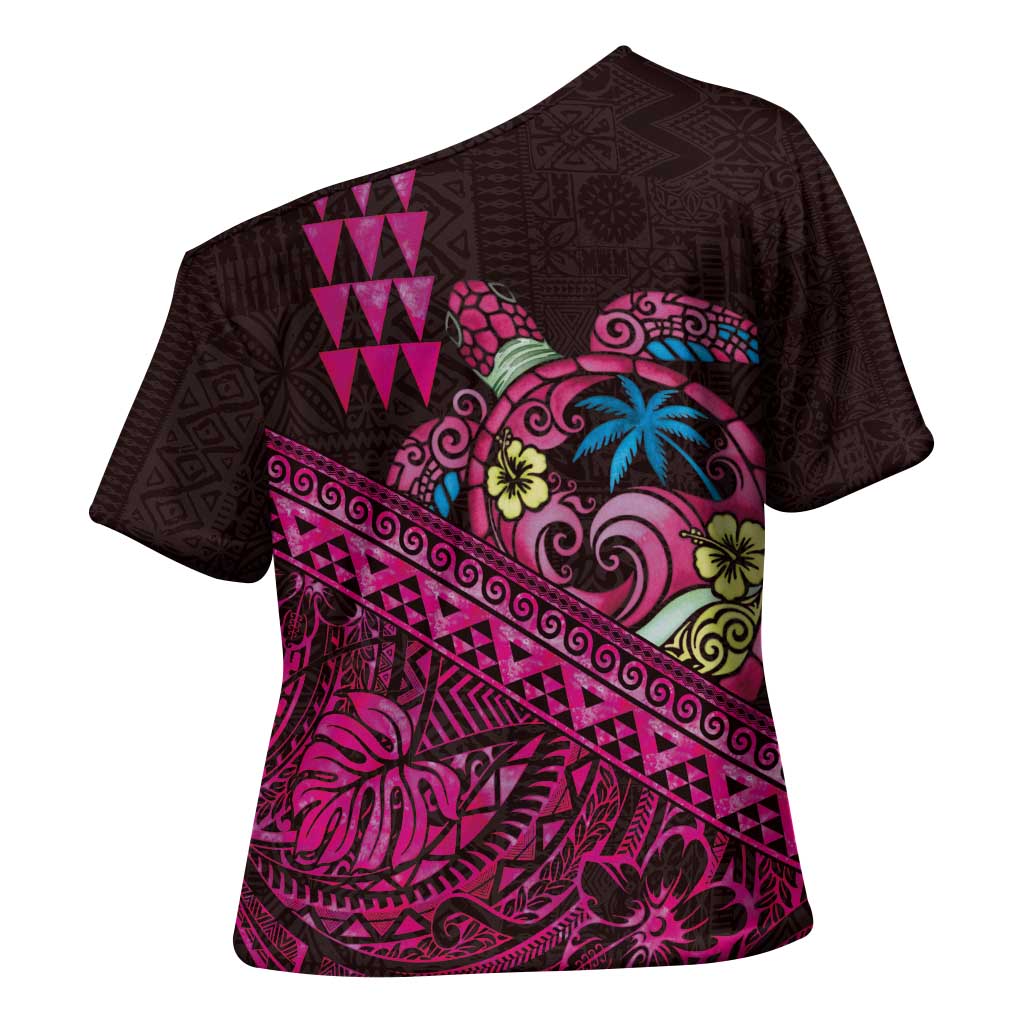 Hawaiian Abstract Sea Turtle Cross Shoulder Shirt Polynesian Tapa Art and Kakau Tattoo Pink WaterColor - Polynesian Pride
