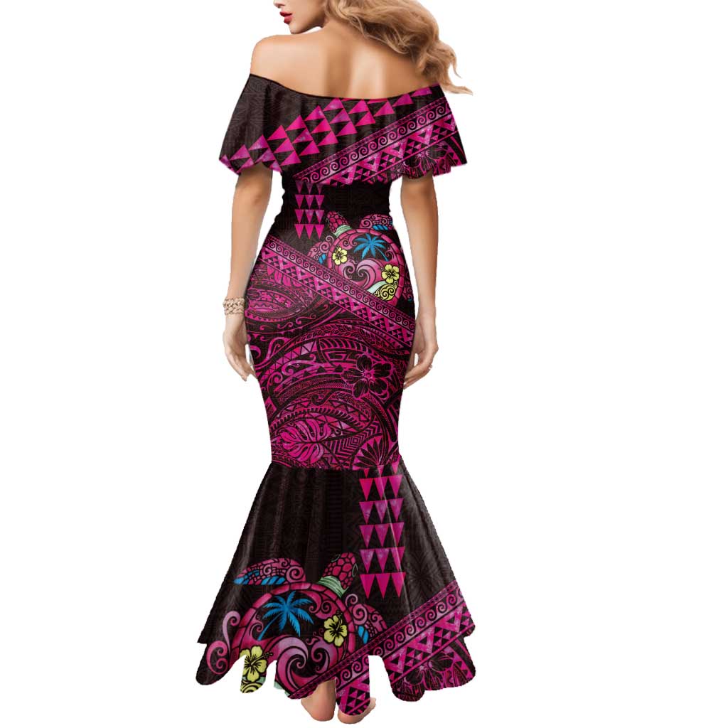 Hawaiian Abstract Sea Turtle Family Matching Mermaid Dress and Hawaiian Shirt Polynesian Tapa Art and Kakau Tattoo Pink WaterColor - Polynesian Pride