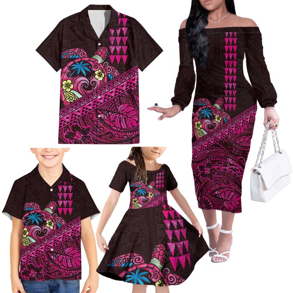 Hawaiian Abstract Sea Turtle Family Matching Off The Shoulder Long Sleeve Dress and Hawaiian Shirt Polynesian Tapa Art and Kakau Tattoo Pink WaterColor - Polynesian Pride