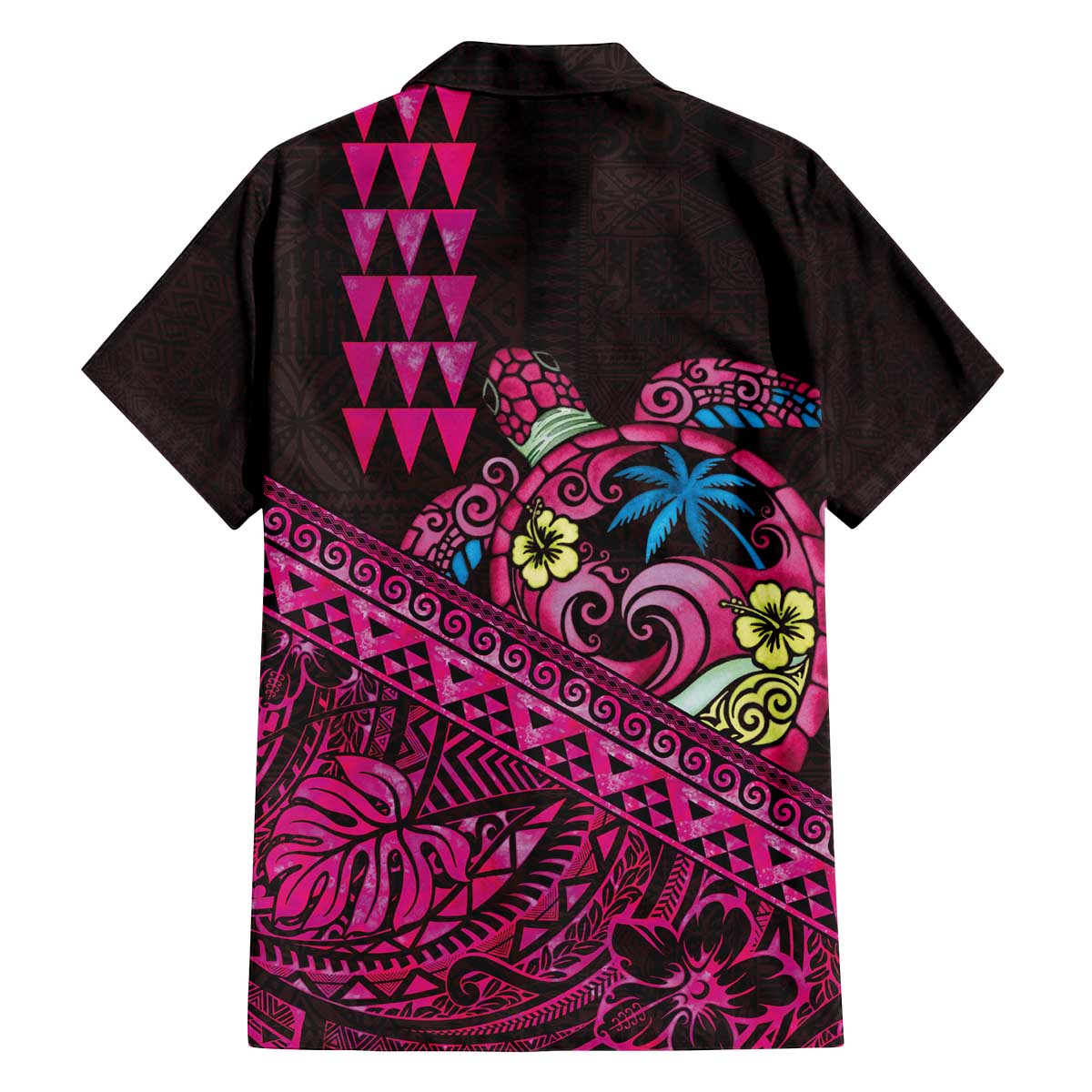 Hawaiian Abstract Sea Turtle Family Matching Off The Shoulder Long Sleeve Dress and Hawaiian Shirt Polynesian Tapa Art and Kakau Tattoo Pink WaterColor - Polynesian Pride