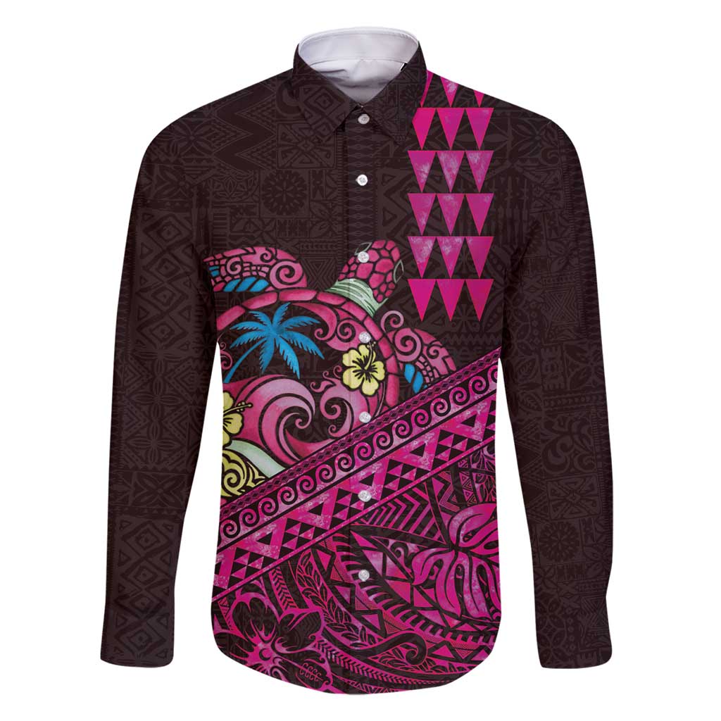 Hawaiian Abstract Sea Turtle Family Matching Off Shoulder Short Dress and Hawaiian Shirt Polynesian Tapa Art and Kakau Tattoo Pink WaterColor - Polynesian Pride