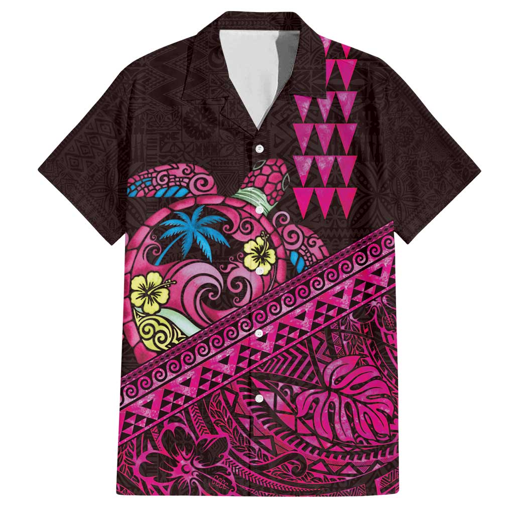 Hawaiian Abstract Sea Turtle Family Matching Puletasi and Hawaiian Shirt Polynesian Tapa Art and Kakau Tattoo Pink WaterColor - Polynesian Pride