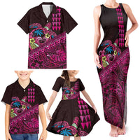 Hawaiian Abstract Sea Turtle Family Matching Tank Maxi Dress and Hawaiian Shirt Polynesian Tapa Art and Kakau Tattoo Pink WaterColor - Polynesian Pride