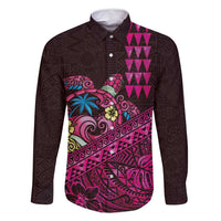 Hawaiian Abstract Sea Turtle Family Matching Tank Maxi Dress and Hawaiian Shirt Polynesian Tapa Art and Kakau Tattoo Pink WaterColor - Polynesian Pride