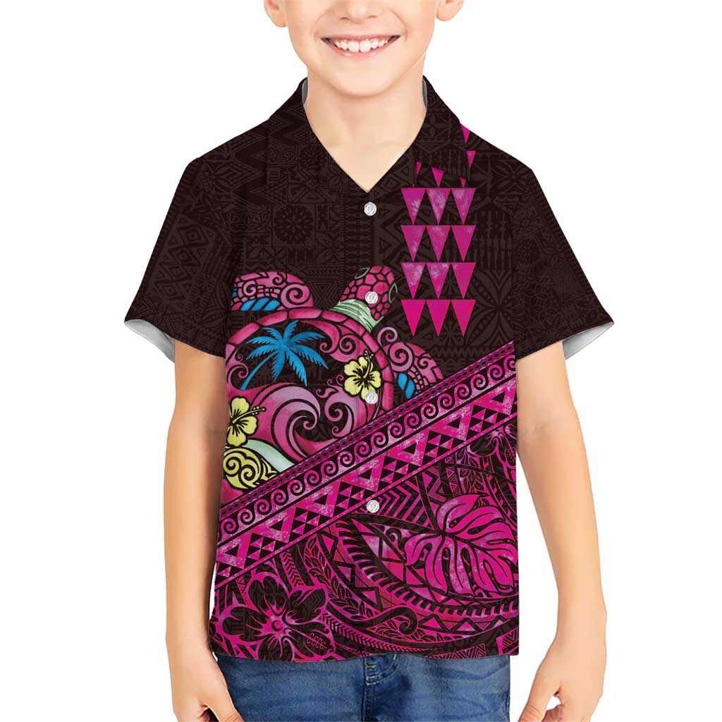 Hawaiian Abstract Sea Turtle Kid Hawaiian Shirt Polynesian Tapa Art and Kakau Tattoo Pink WaterColor - Polynesian Pride