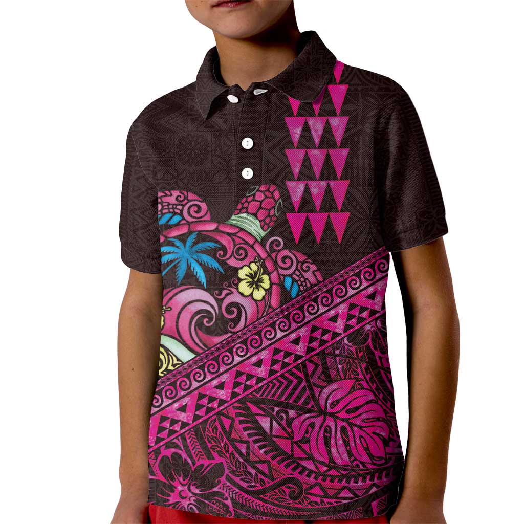 Hawaiian Abstract Sea Turtle Kid Polo Shirt Polynesian Tapa Art and Kakau Tattoo Pink WaterColor - Polynesian Pride