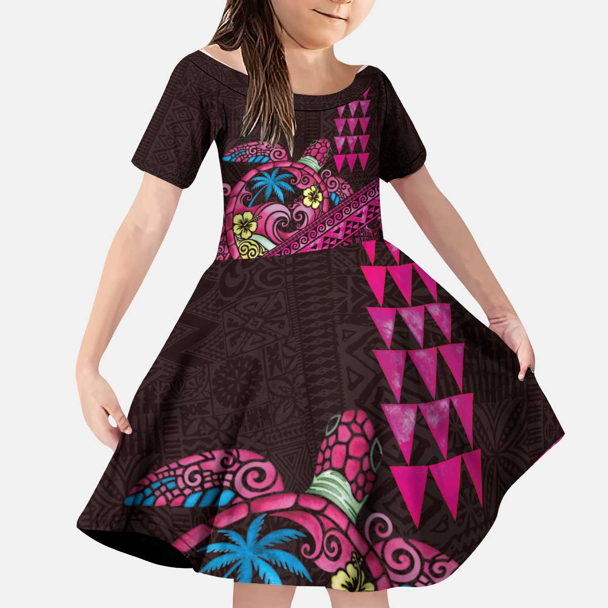 Hawaiian Abstract Sea Turtle Kid Short Sleeve Dress Polynesian Tapa Art and Kakau Tattoo Pink WaterColor - Polynesian Pride