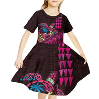Hawaiian Abstract Sea Turtle Kid Short Sleeve Dress Polynesian Tapa Art and Kakau Tattoo Pink WaterColor - Polynesian Pride