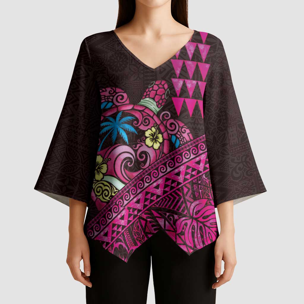 Hawaiian Abstract Sea Turtle Kimono Sleeve Blouse Polynesian Tapa Art and Kakau Tattoo Pink WaterColor - Polynesian Pride