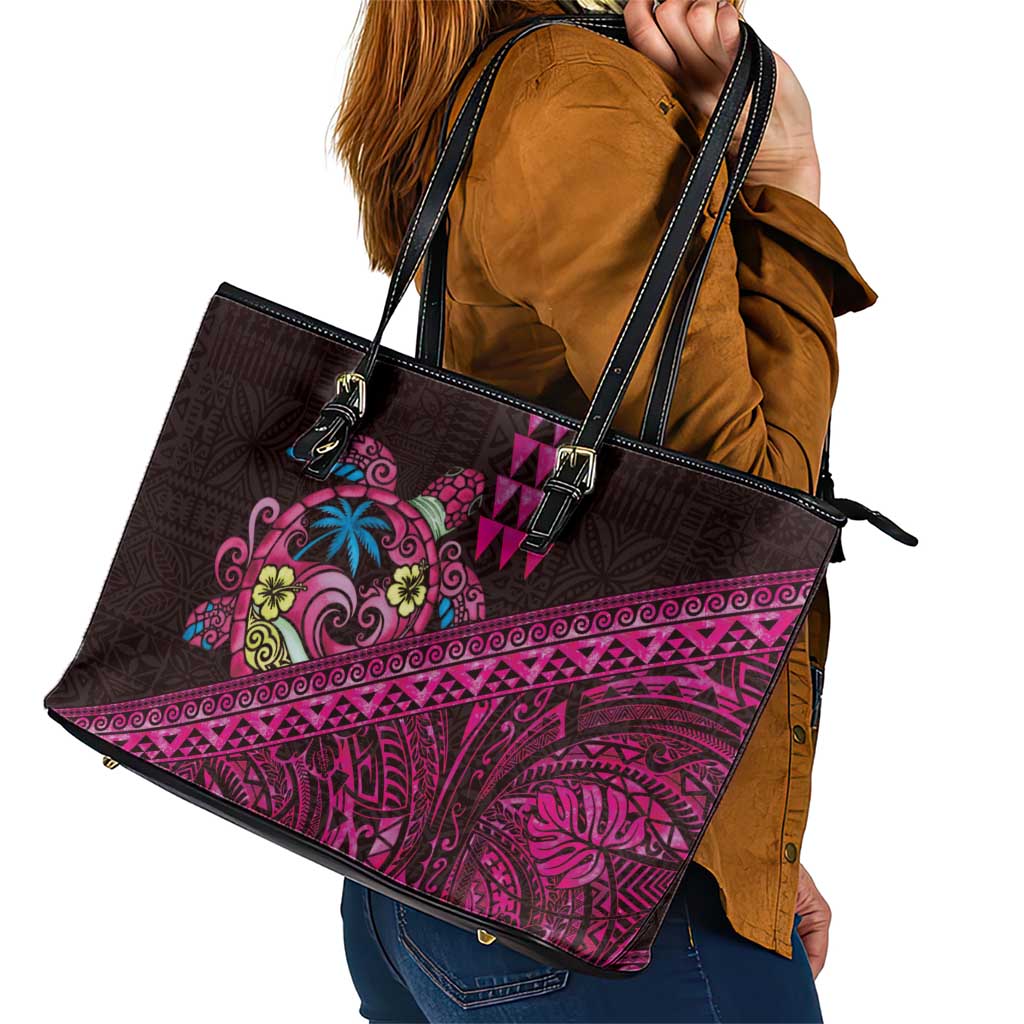Hawaiian Abstract Sea Turtle Leather Tote Bag Polynesian Tapa Art and Kakau Tattoo Pink WaterColor - Polynesian Pride