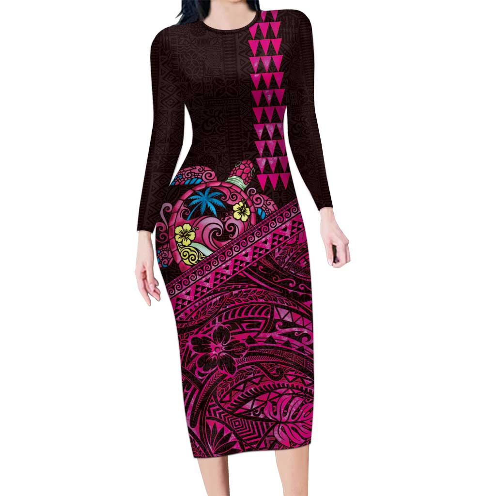 Hawaiian Abstract Sea Turtle Long Sleeve Bodycon Dress Polynesian Tapa Art and Kakau Tattoo Pink WaterColor - Polynesian Pride