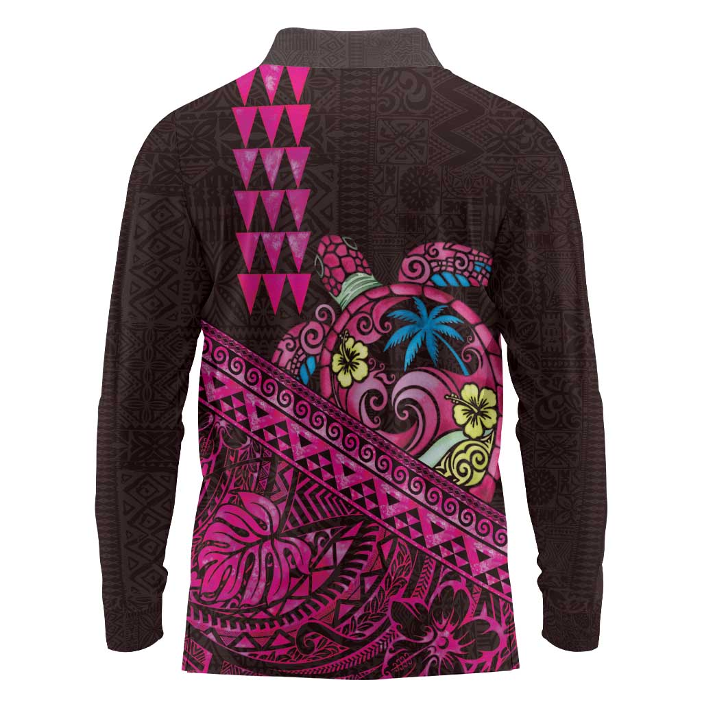 Hawaiian Abstract Sea Turtle Long Sleeve Polo Shirt Polynesian Tapa Art and Kakau Tattoo Pink WaterColor - Polynesian Pride