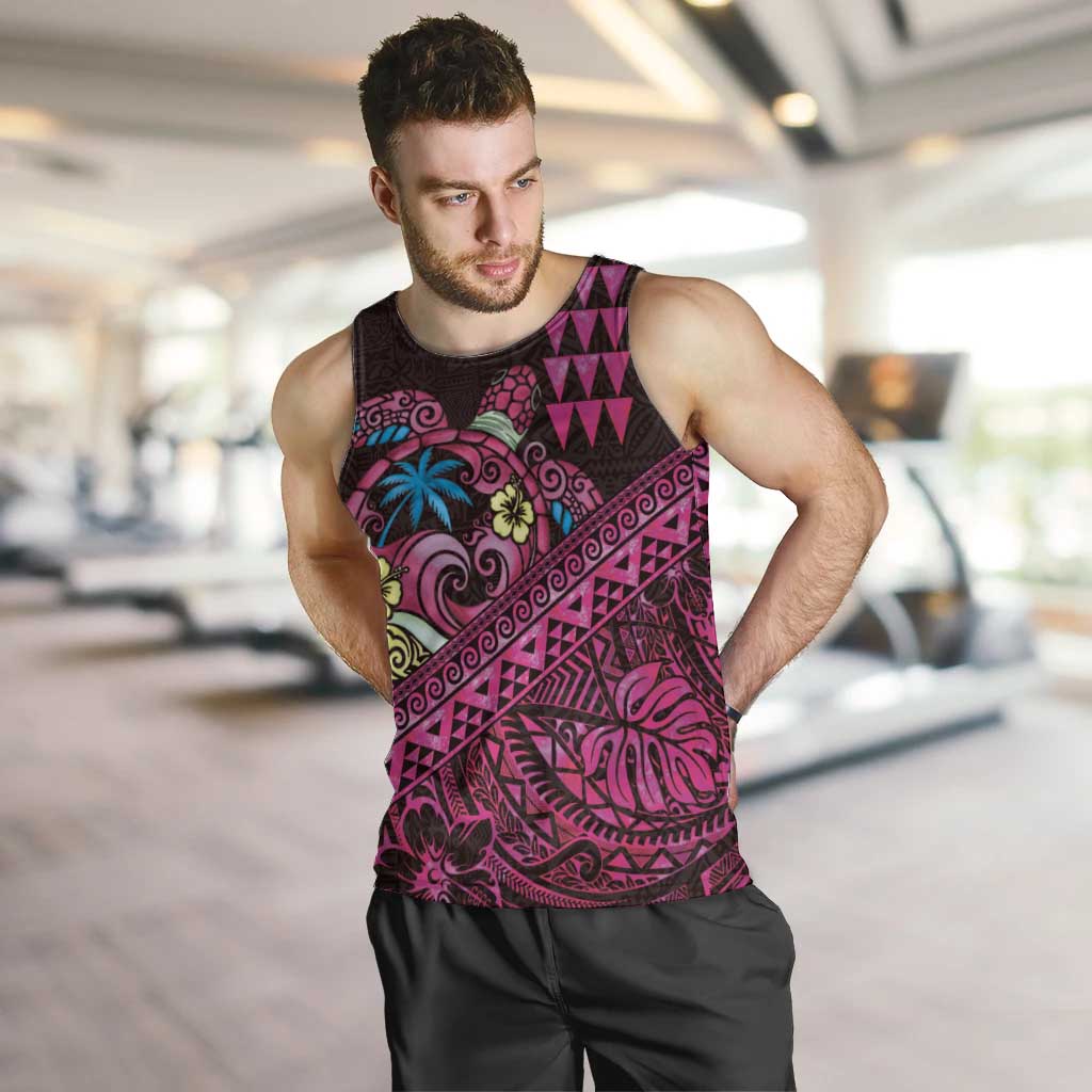 Hawaiian Abstract Sea Turtle Men Tank Top Polynesian Tapa Art and Kakau Tattoo Pink WaterColor - Polynesian Pride