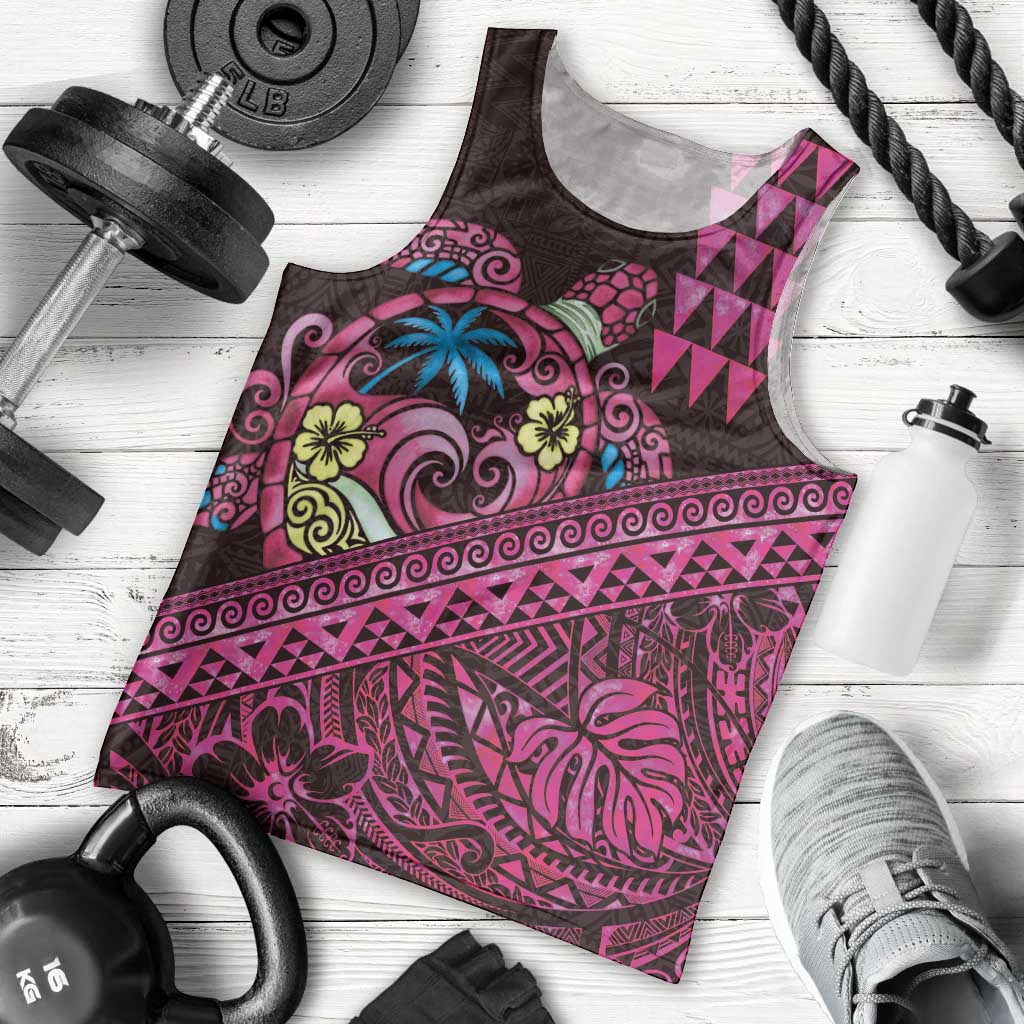 Hawaiian Abstract Sea Turtle Men Tank Top Polynesian Tapa Art and Kakau Tattoo Pink WaterColor - Polynesian Pride