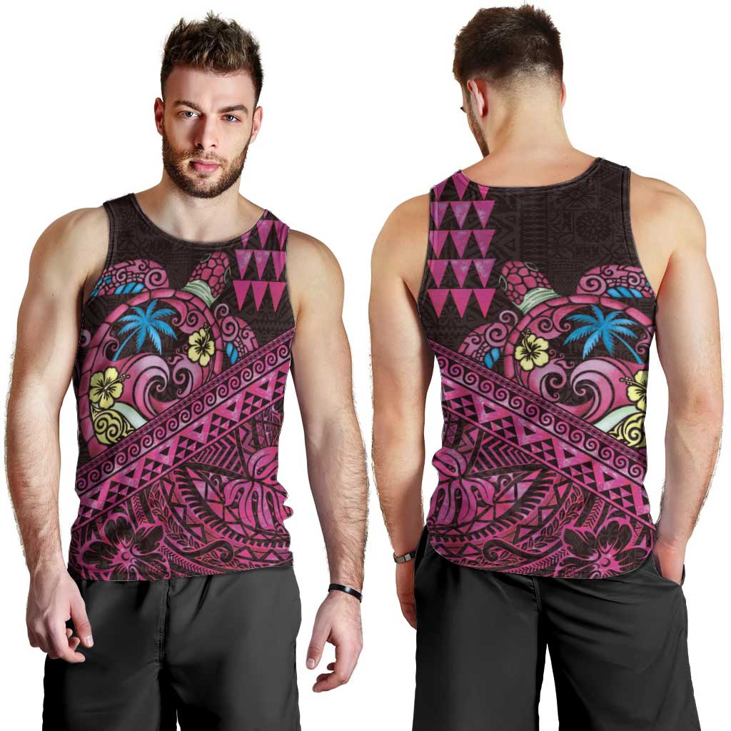 Hawaiian Abstract Sea Turtle Men Tank Top Polynesian Tapa Art and Kakau Tattoo Pink WaterColor - Polynesian Pride