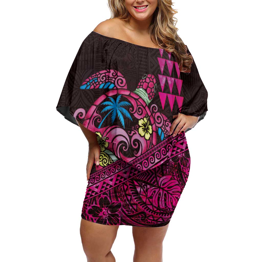 Hawaiian Abstract Sea Turtle Off Shoulder Short Dress Polynesian Tapa Art and Kakau Tattoo Pink WaterColor - Polynesian Pride