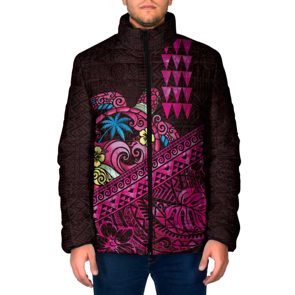 Hawaiian Abstract Sea Turtle Padded Jacket Polynesian Tapa Art and Kakau Tattoo Pink WaterColor - Polynesian Pride